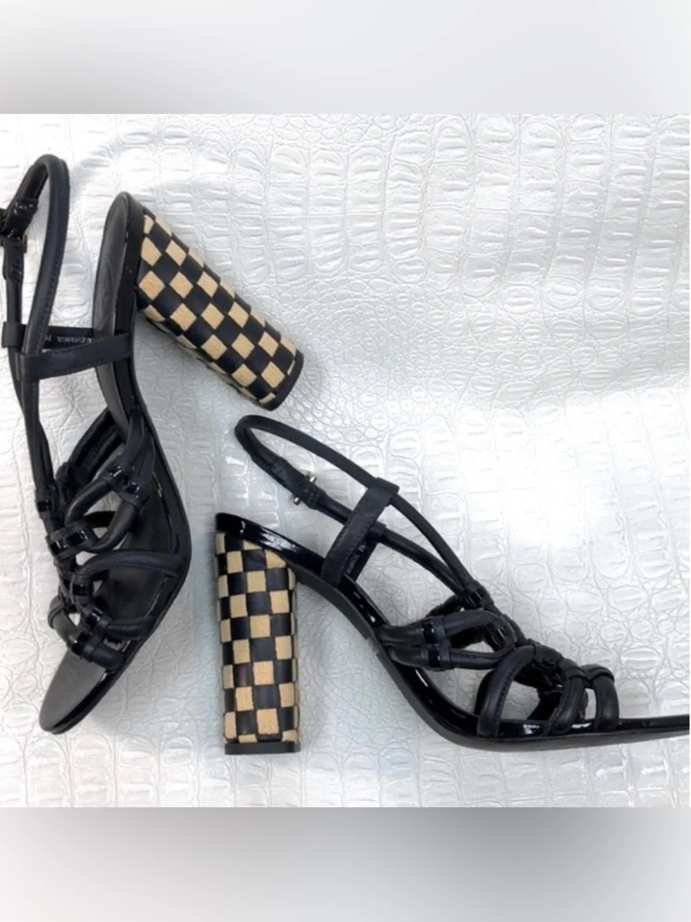 Tory Burch black and natural checkerboard block heel strappy sandals size 6